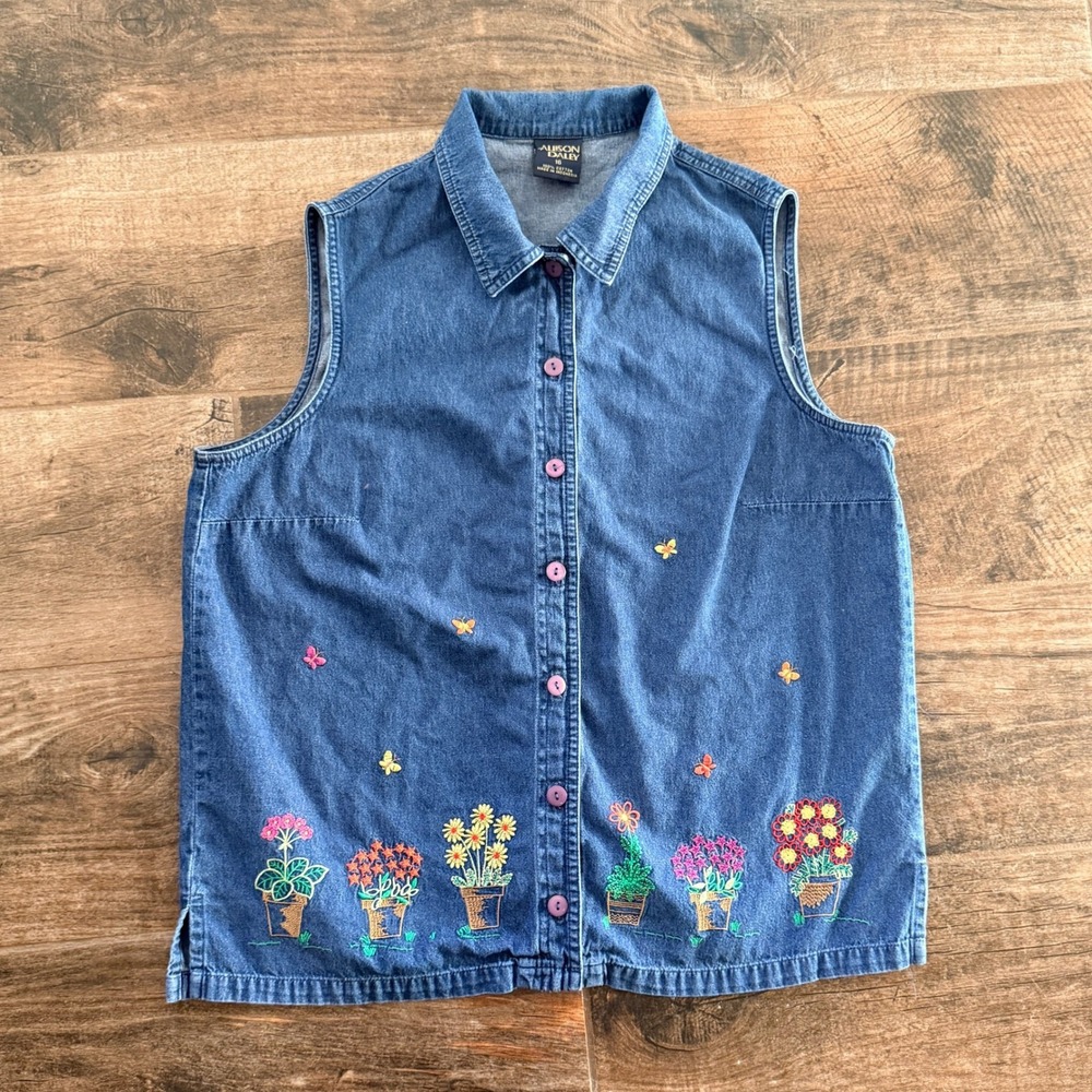 Allison Daley Vintage Embroidered Floral Butterfly Denim Shirt, Medium Wash, 16‎